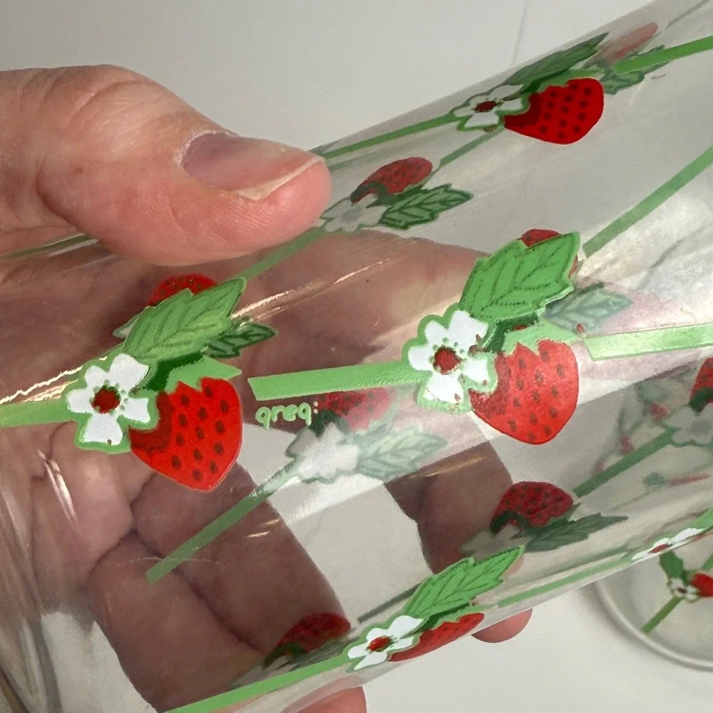 Vintage Greg Flowers Strawberry Vine Glass Tumblers Retro Set of 5 Red Green